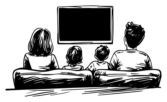 Family watching television on sofa back view hand drawn sketch vector illustration
