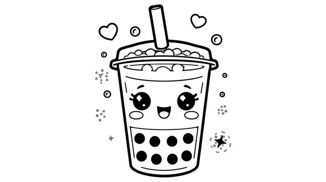 Cute bubble tea cup illustration with hearts for a coloring page isolated on white background