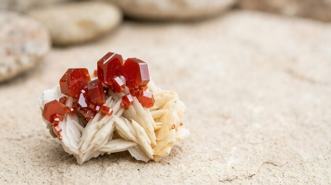 Reddish orange vanadinite crystals on cream colored barite matrix. Geological mineral specimen on a sandy surface