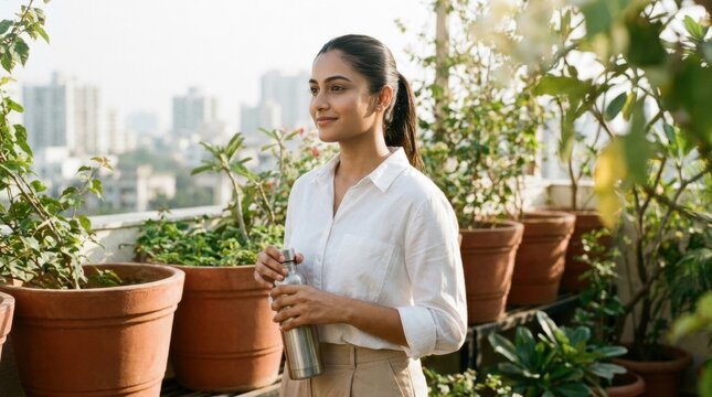 South Asian professional woman takes a quiet hydration break on a rooftop terrace garden, warm sunlight, clay pots and skyline haze suggesting calm workplace decompression after office stress