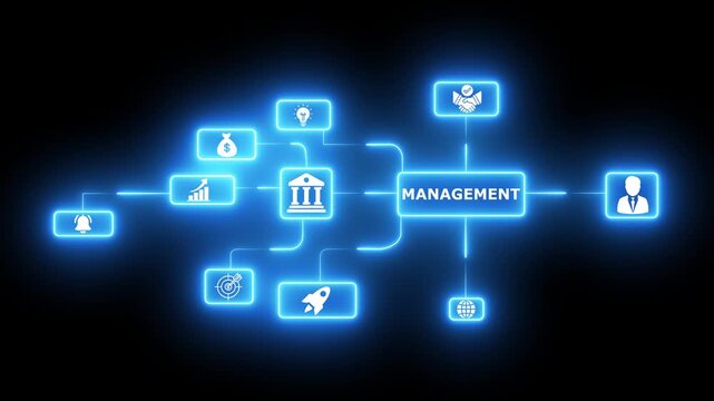 Business management digital network infographic with glowing neon for corporate strategy and financial growth