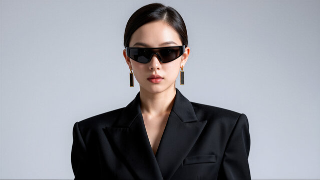 Stylish woman in black blazer and sunglasses