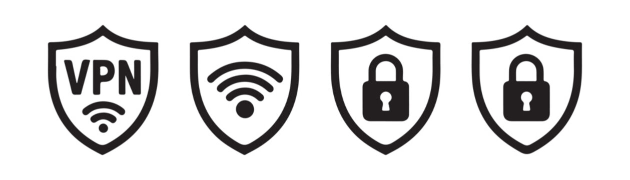 Set of black shield icons featuring VPN, WiFi signal, and padlock symbols.