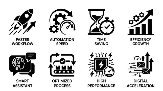 Technology automation efficiency vector illustration with faster workflow, automation speed, time saving, efficiency growth, smart assistant, optimized process, high performance, digital acceleration 