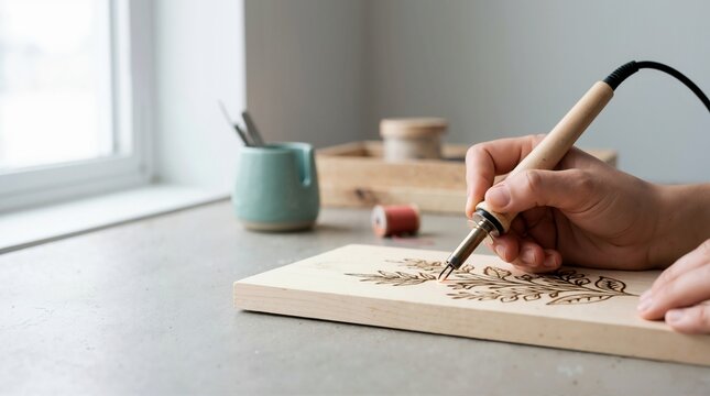 Pyrography artist using a wood burning tool with a glowing wire tip. Hands etching a floral pattern on a wooden board. Creative DIY craft hobby