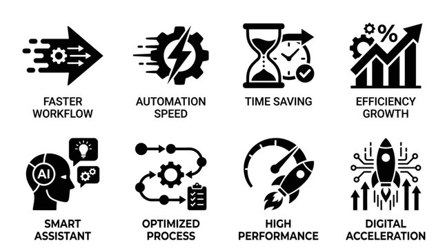 Technology automation efficiency vector illustration with faster workflow, automation speed, time saving, efficiency growth, smart assistant, optimized process, high performance, digital acceleration 