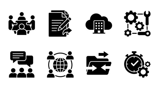 Digital teamwork collaboration vector illustration with team meeting, shared document, cloud workspace, collaboration tools, group chat, remote teamwork, file sharing, productivity tools icons, isolat