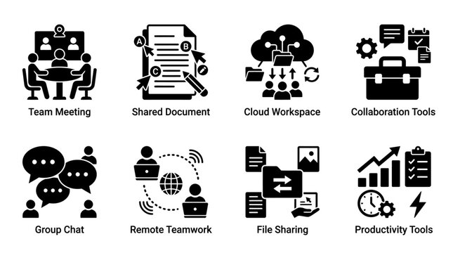 Digital collaboration teamwork vector illustration with team meeting, shared document, cloud workspace, collaboration tools, group chat, remote teamwork, file sharing, productivity tools icons, isolat