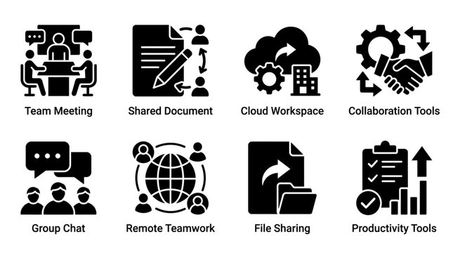 Digital teamwork collaboration vector illustration with team meeting, shared document, cloud workspace, collaboration tools, group chat, remote teamwork, file sharing, productivity tools icons, isolat