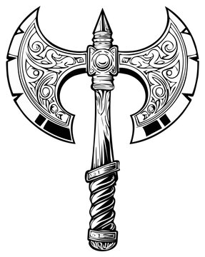 Ornate double bladed battle axe with intricate fantasy carvings in black and white line art style