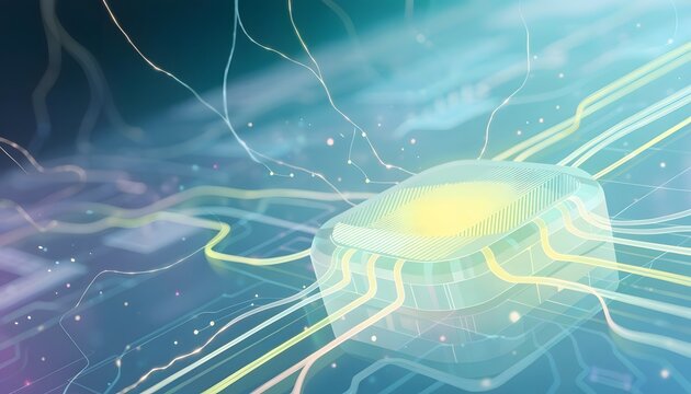 Microchip processor with glowing energy circuits and light tendrils. Quantum computing and core processing power. Hardware chip managing software execution