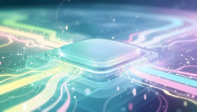 Futuristic glowing microchip on a circuit board motherboard. Advanced quantum hardware computing network system. Computer processor emitting colorful digital lines and light data beams