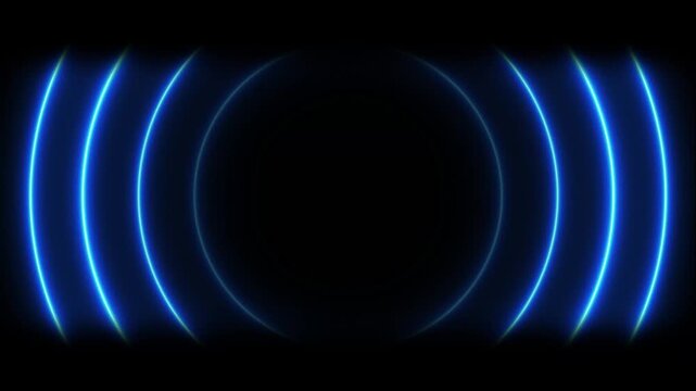 Blue neon sound wave pulse abstract background, glowing circular radio signal ripples, futuristic digital audio frequency animation