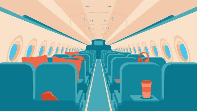 View of empty airplane interior cabin seats vector illustration with airplane interior aircraft transportation