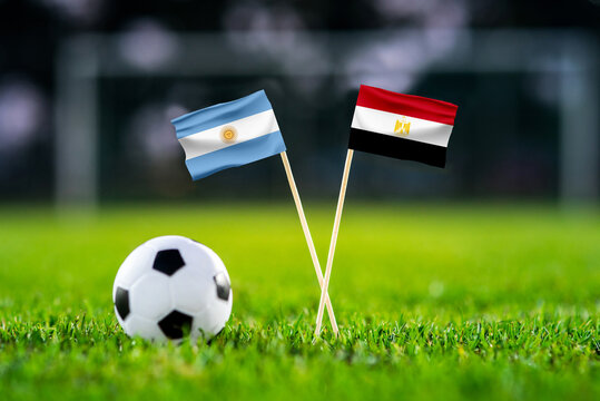 Argentina vs Egypt, Round of 16, national flags before international football match, football on green grass with stadium in the background