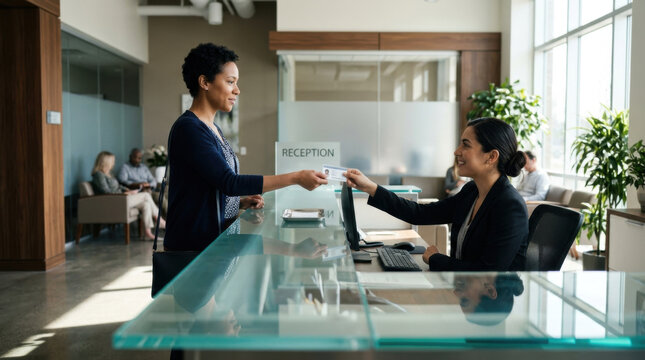 Professional Receptionist And Client Interaction At Modern Office Lobby
