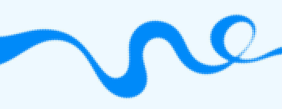 Abstract blue halftone ribbon wave background. Bright wavy line with curved loop and dotted gradient texture. Halftone dotted wave, retro pop art design. Vector minimal dotted pattern for background