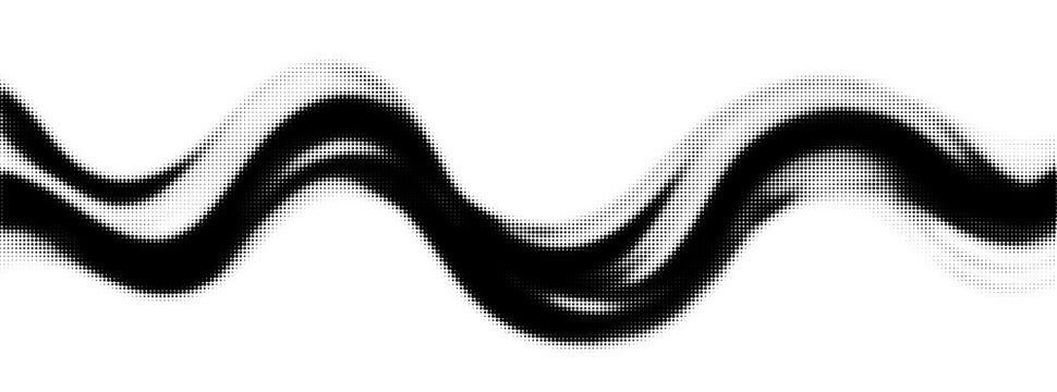 Monochrome halftone wave. Double wave background, overlapping wavy lines with dynamic dotted gradient texture. Dotted flow background, dynamic line with gradient dotted fluid line. Vector backdrop