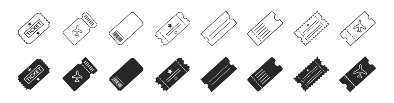 Ticket icon set with editable outline and solid vector admission pass coupon collection