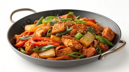 Fototapeta premium delicious Korean stir-fry dish with chicken, bell peppers, green onions, and sesame seeds, served in a traditional metal wok