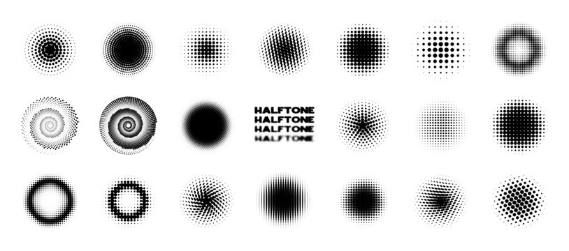 Circles halftone style set, dotted abstract round patterns. Monochrome radial dotted shapes, concentric gradients, spheres, swirls on white background. Halftone circles shapes. Vector graphic box
