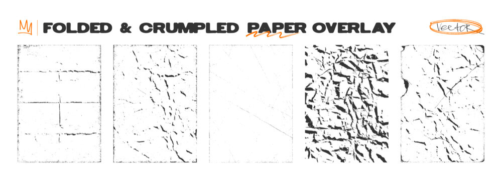 Folded, crumpled and torn paper pager for overlay. Old paper stamps with grain, worn, torn, folded effects. Vector texture frames for overlay. Vintage templates - pages, photo, cards. Vector set
