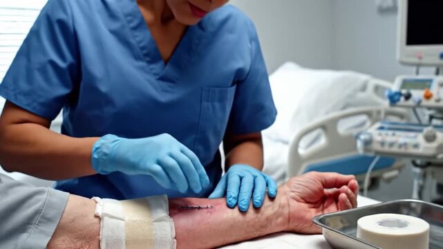 Close-up of nurse in blue scrubs and nitrile gloves placing sterile gauze and adhesive pad over linear suture line on patient forearm, showing careful wound care, hygiene, and recovery support
