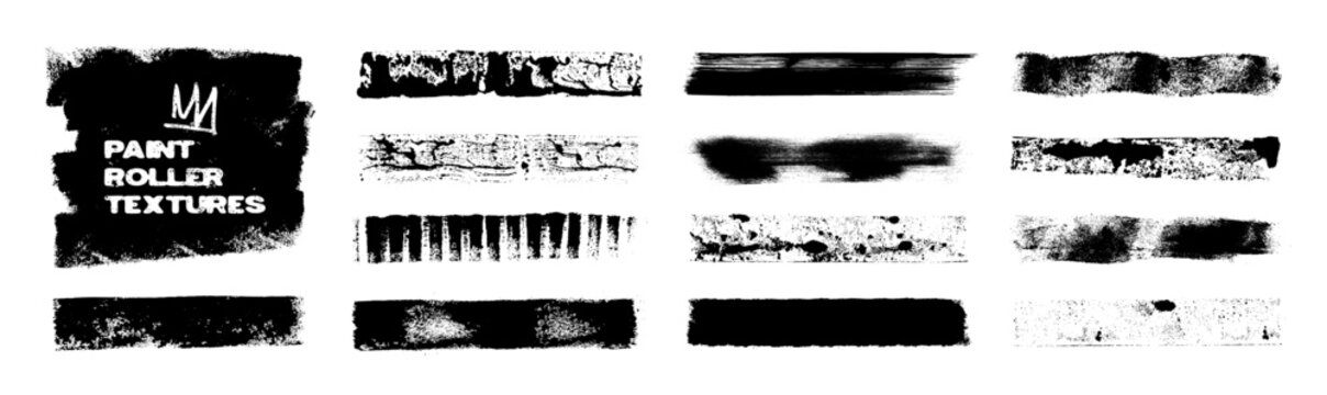 Paint roller textures set in linocut and letterpress style. Black ink horizontal brush strokes, grunge distress banners and rough ink stamp borders. Roller brush strokes linocut. Vector pack