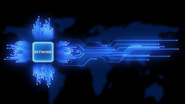Digital network cpu processor with glowing circuitry and global connectivity background, for technology and, data communication concepts