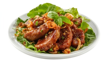 Fototapeta premium Sautéed beef liver with fresh lettuce, basil, and crispy onion on a white dish.