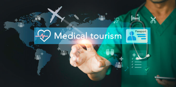 Doctor touching medical tourism virtual interface with airplane and world map background. Concept of global healthcare travel, international patient service, and wellness visa.