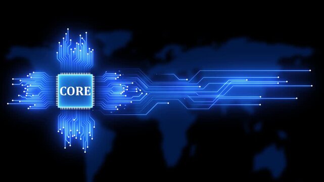 Digital cpu processor core technology concept with glowing circuitry and global network background
