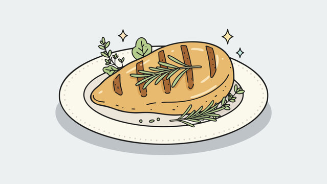 Appetizing vector illustration of grilled chicken with herbs on a plate food isolated on clean background with flat design and vibrant. Suitable for menus and culinary design content.
