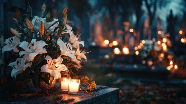 gravestone in a cemetery decorated with flowers and candles animation