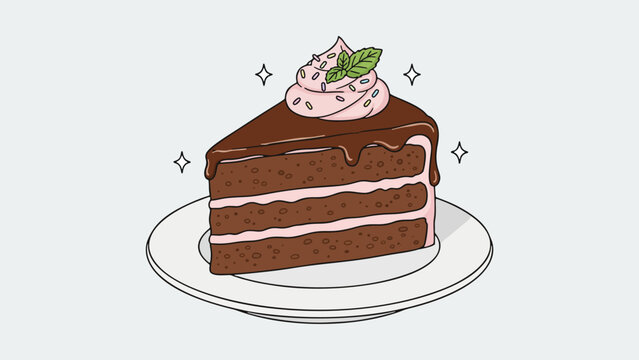 Appetizing vector illustration of chocolate cake slice on a dessert plate food isolated on clean background with flat design and vibrant. Suitable for menus and culinary design content.
