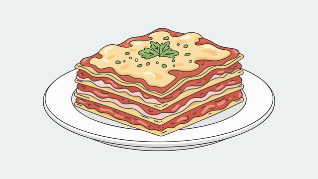 Appetizing vector illustration of lasagna slice on a plate food isolated on clean background with flat design and vibrant. Suitable for menus and culinary design content.
