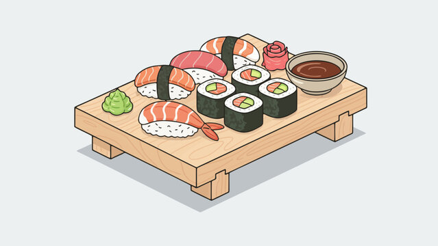 Appetizing vector illustration of sushi roll set on a tray food isolated on clean background with flat design and vibrant style. Suitable for menus and culinary design content.