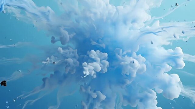Abstract explosion of blue and white ink clouds with metallic fragments in water