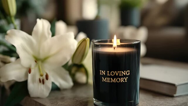 black burning memory candle and flowers animation