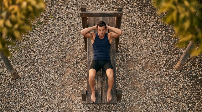 Top view of man performs sit ups on a bench surrounded by gravel outdoors. Concept emphasizes fitness, health, strength, and outdoor exercise, ideal for wellness and sports promotions. Generative AI