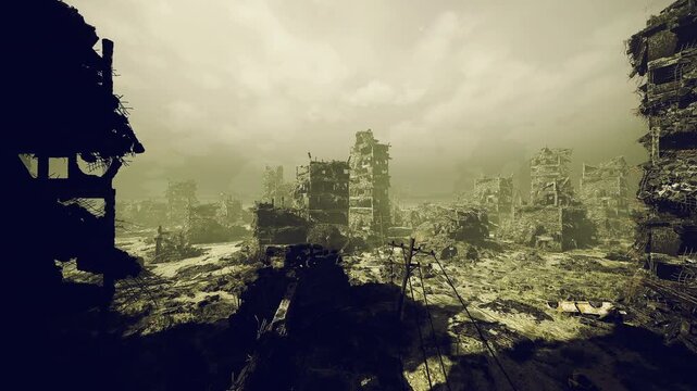 Storm lashed derelict towers under heavy clouds, shattered facades, scattered rubble, turbulent sky, dramatic atmosphere for reconnaissance or drone mapping