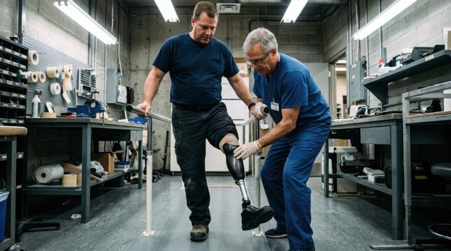 Prosthetic Limb Fitting And Adjustment At A Medical Workshop