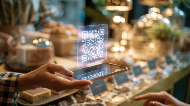 A person scans a QR code projected above a smartphone at a cozy cafe counter with pastries and warm lighting.