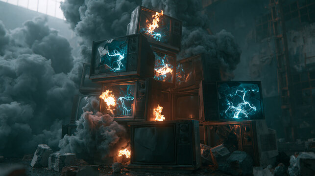 A group of old, broken televisions short circuited, causing a fire and thick smoke.