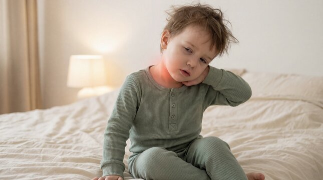 Sick child sitting on bed touching sore neck. Little boy with fever and symptoms of illness, cold, or throat pain. Healthcare and pediatric medicine concept for family doctor visit.