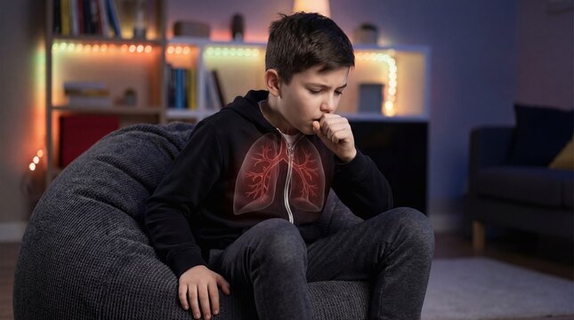 Sick boy coughing with digital illustration of human lungs on chest. Child suffering from respiratory illness, pneumonia or cold. Concept of healthcare, viral infection and medical diagnosis.