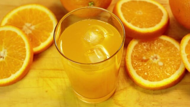 Orange juice served with ice cubes and surrounded by fresh citrus fruits and slices.