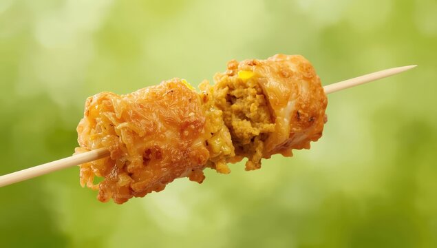 Skewered chicken roll filled with minced chicken, kasseri cheese, mustard, and curry.