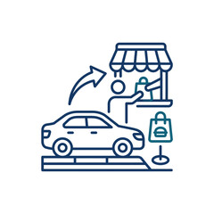 Naklejka premium A line art icon depicting a drive thru restaurant service with a car and food bag.