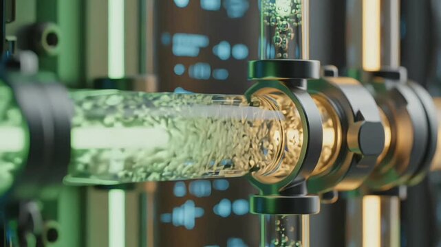 Futuristic laboratory concept showing thick clear glass pipes pumping glowing green biological liquid and bubbles.